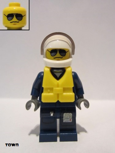 lego 2012 mini figurine cty0274 Forest Police Helicopter Pilot, Dark Blue Flight Suit with Badge, Helmet, Life Jacket Center Buckle, Black and Pearl Dark Gray Sunglasses 