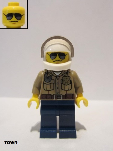 lego 2012 mini figurine cty0276 Forest Police Dark Tan Shirt with Pockets, Radio and Gold Badge, Dark Blue Legs, White Helmet with Visor, Black and Silver Sunglasses 
