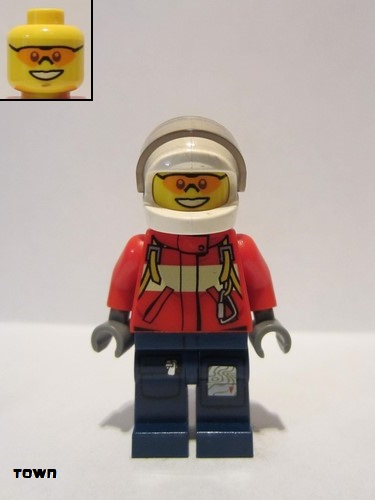 lego 2012 mini figurine cty0278 Fire Pilot Male, Red Fire Suit with Carabiner, Dark Blue Legs with Map, White Helmet, Orange Sunglasses 