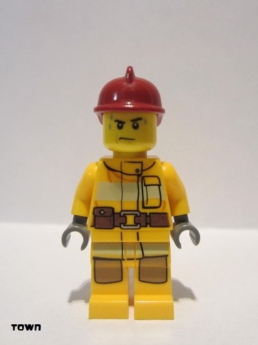 lego 2012 mini figurine cty0279 Fire Bright Light Orange Fire Suit with Utility Belt, Dark Red Fire Helmet, Sweat Drops 