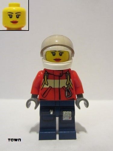 lego 2012 mini figurine cty0280 Fire Pilot Female, Red Fire Suit with Carabiner, Dark Blue Legs with Map, White Helmet, Red Lips 