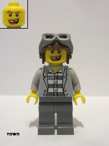 lego 2012 mini figurine cty0282 Police - Jail Prisoner Jacket over Prison Stripes, Dark Bluish Gray Legs, Aviator Cap and Goggles, Missing Tooth 