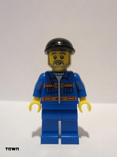lego 2012 mini figurine cty0290 Citizen Blue Jacket with Pockets and Orange Stripes, Blue Legs, Black Short Bill Cap, Gray Beard 