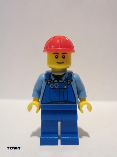 lego 2012 mini figurine cty0291 Citizen Overalls with Tools in Pocket Blue, Red Construction Helmet, Black Eyebrows, Thin Grin 