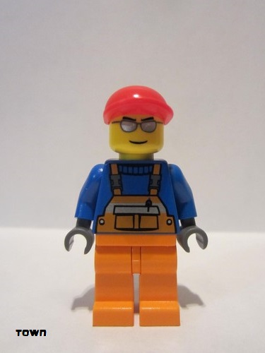 lego 2012 mini figurine cty0294 Citizen Overalls with Safety Stripe Orange, Orange Legs, Red Short Bill Cap, Silver Sunglasses 