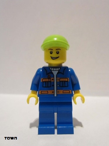 lego 2012 mini figurine cty0295 Citizen Blue Jacket with Pockets and Orange Stripes, Blue Legs, Lime Short Bill Cap, Open Grin 