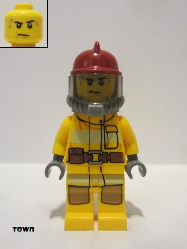 lego 2012 mini figurine cty0301 Fire Bright Light Orange Fire Suit with Utility Belt, Dark Red Fire Helmet, Yellow Airtanks, Sweat Drops 
