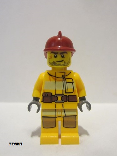lego 2012 mini figurine cty0302 Fire Bright Light Orange Fire Suit with Utility Belt, Dark Red Fire Helmet, Crooked Smile and Scar 