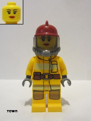 lego 2012 mini figurine cty0304 Fire Bright Light Orange Fire Suit with Utility Belt, Dark Red Fire Helmet, Yellow Airtanks, Red Lips 