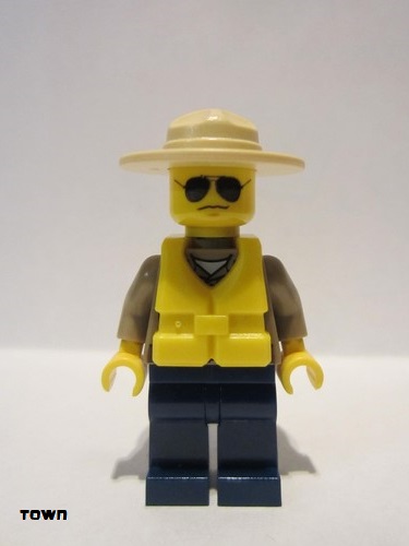 lego 2012 mini figurine cty0306 Forest Police Dark Tan Shirt with Pockets, Dark Blue Legs, Campaign Hat, Black and Silver Sunglasses, Life Jacket Center Buckle 