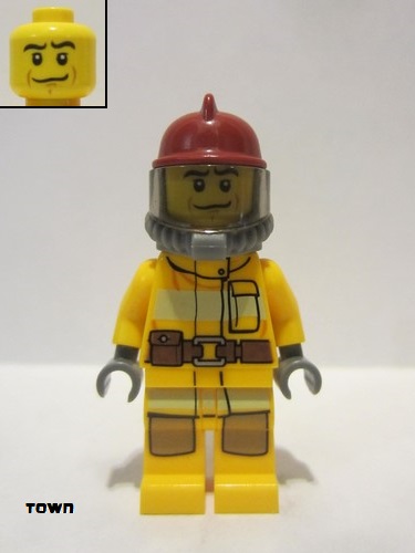 lego 2012 mini figurine cty0307 Fire Bright Light Orange Fire Suit with Utility Belt, Dark Red Fire Helmet, Yellow Airtanks, Black Eyebrows, Chin Dimple 