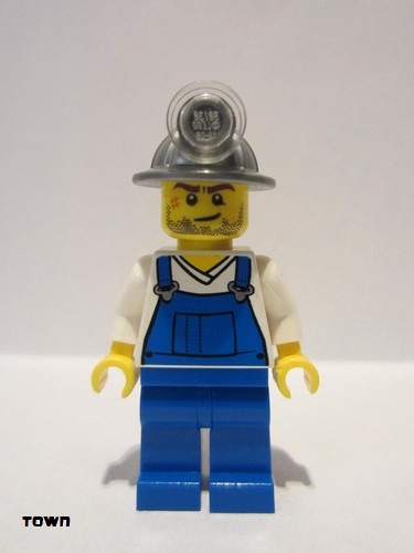 lego 2012 mini figurine cty0310 Miner Overalls Blue over V-Neck Shirt, Blue Legs, Mining Helmet, Crooked Smile and Scar 