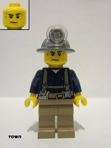 lego 2012 mini figurine cty0311 Miner Shirt with Harness and Wrench, Dark Tan Legs, Mining Helmet, Sweat Drops 