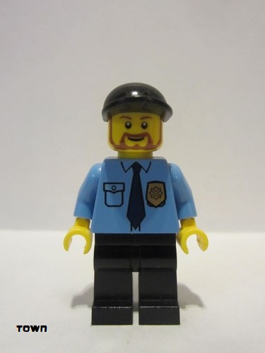 lego 2012 mini figurine cty0316 Police City Shirt with Dark Blue Tie and Gold Badge, Black Legs, Black Short Bill Cap, Brown Beard Rounded 