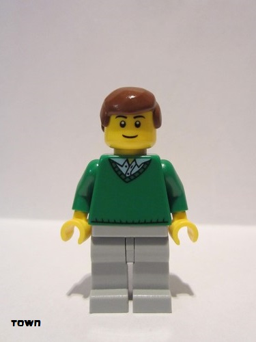 lego 2012 mini figurine cty0318 Citizen Green V-Neck Sweater, Light Bluish Gray Legs, Reddish Brown Hair 