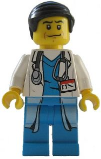 lego 2012 mini figurine cty0319 Doctor Long Lab Coat over Dark Azure Shirt, Stethoscope, Black Smooth Hair 