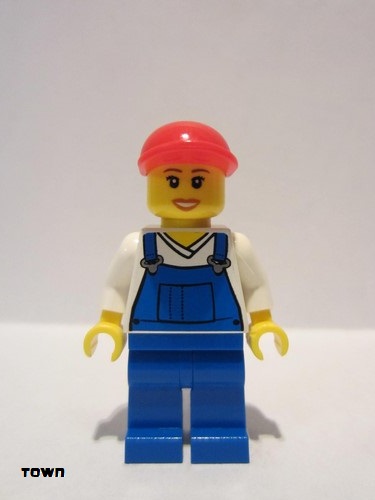 lego 2012 mini figurine cty0321 Citizen Overalls Blue over V-Neck Shirt, Blue Legs, Red Short Bill Cap, Open Mouth Smile 