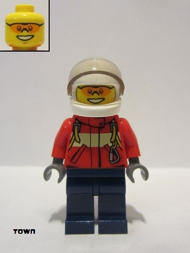 lego 2012 mini figurine cty0323 Fire Pilot Male, Red Fire Suit with Carabiner, Dark Blue Legs, White Helmet, Orange Sunglasses 