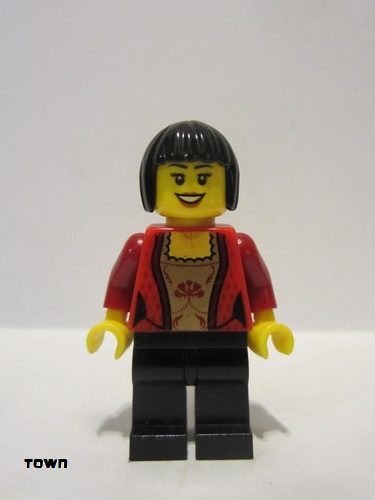 lego 2012 mini figurine cty0327 Citizen Female Corset with Gold Panel Front and Lace Up Back Pattern, Black Legs, Black Bob Cut Hair 
