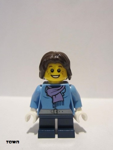 lego 2012 mini figurine cty0331 Citizen Medium Blue Jacket with Light Purple Scarf, Dark Blue Short Legs, Dark Brown Mid-Length Tousled Hair 