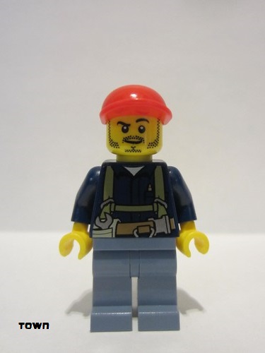 lego 2012 mini figurine cty0333 Miner Shirt with Harness and Wrench, Sand Blue Legs, Red Short Bill Cap 