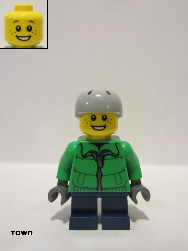lego 2012 mini figurine cty0336 Citizen Winter Jacket Zipper, Dark Blue Short Legs, Light Bluish Gray Sports Helmet 