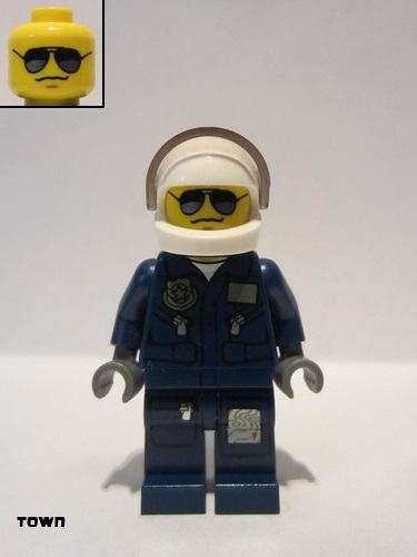 lego 2012 mini figurine cty0383 Forest Police Helicopter Pilot, Dark Blue Flight Suit with Badge, Helmet, Black and Silver Sunglasses, NO Eyebrows 