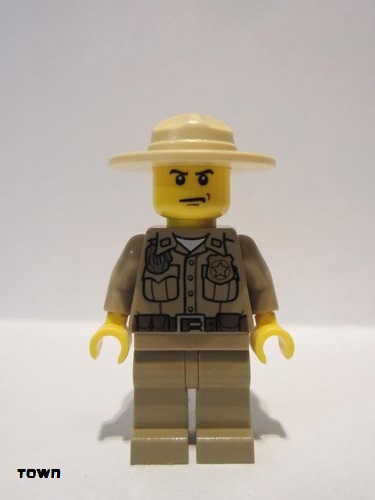 lego 2012 mini figurine cty0425 Forest Police Dark Tan Shirt with Pockets, Radio and Gold Badge, Dark Tan Legs, Campaign Hat, Angry Eyebrows and Scowl 