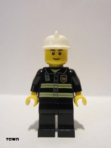 lego 2012 mini figurine cty0489 Fire Reflective Stripes, Black Legs, White Fire Helmet, Black Eyebrows, Thin Grin 