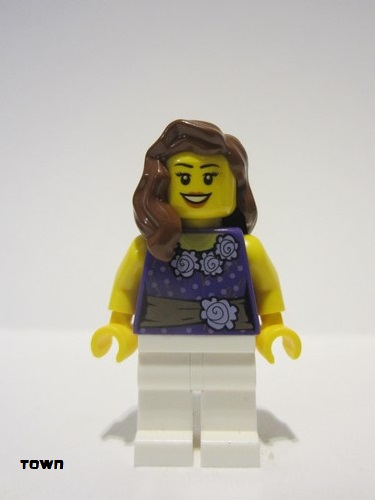lego 2012 mini figurine twn154 Citizen Female Dark Purple Blouse with Gold Sash and Flowers, White Legs 