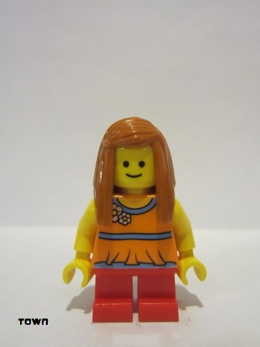 lego 2012 mini figurine twn161 Child Girl, Orange Torso Halter Top with Medium Blue Trim and Flowers Pattern, Short Legs 