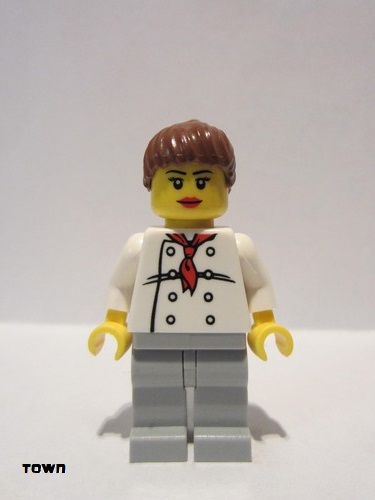lego 2013 mini figurine chef019a Chef White Torso with 8 Buttons, Light Bluish Gray Legs, Reddish Brown Ponytail Hair, Black Eyebrows, Female 