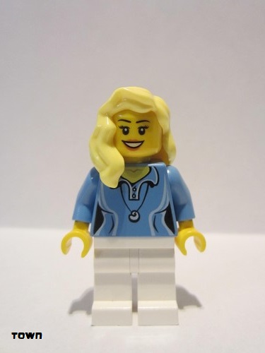 lego 2013 mini figurine cty0346 Citizen Medium Blue Female Shirt with Two Buttons and Shell Pendant, White Legs, Bright Light Yellow Female Hair over Shoulder 