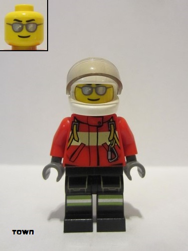 lego 2013 mini figurine cty0349 Fire Pilot Male, Red Fire Suit with Carabiner, Reflective Stripes on Black Legs, White Helmet, Silver Sunglasses 