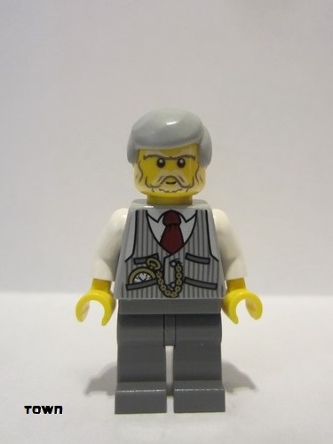 lego 2013 mini figurine cty0353 Citizen Pinstripe Vest, Red Tie and Pocket Watch, Dark Bluish Gray Legs, Light Bluish Gray Male Hair 