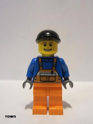 lego 2013 mini figurine cty0365 Citizen Overalls with Safety Stripe Orange, Orange Legs, Black Short Bill Cap, Brown Eyebrows and Open Smile 