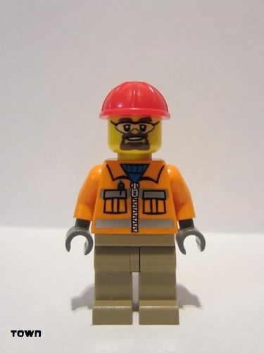 lego 2013 mini figurine cty0366 Construction Worker Orange Zipper, Safety Stripes, Orange Arms, Dark Tan Legs, Red Construction Helmet, Safety Goggles 