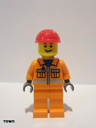 lego 2013 mini figurine cty0368 Construction Worker Orange Zipper, Safety Stripes, Orange Arms, Orange Legs, Red Construction Helmet, Open Grin 