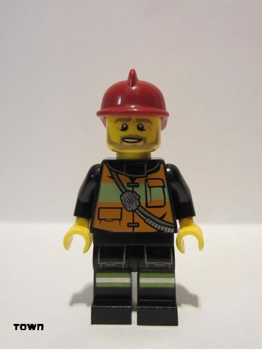 lego 2013 mini figurine cty0369 Fire Reflective Stripes with Pockets and Shoulder Strap, Dark Red Fire Helmet, Beard Light Brown Angular 