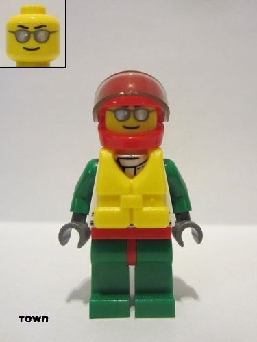 lego 2013 mini figurine cty0373 Octan Jacket with Red and Green Stripe, Red Hips and Green Legs, Red Helmet, Trans-Black Visor, Silver Sunglasses, Life Jacket Center Buckle 