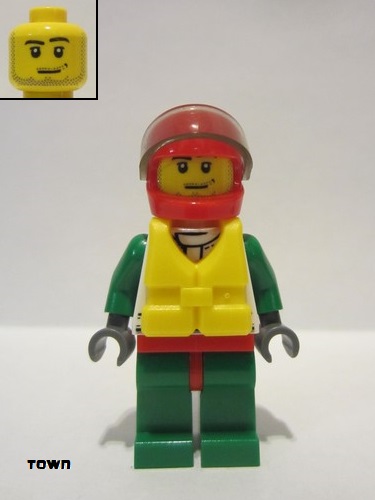 lego 2013 mini figurine cty0374 Octan Jacket with Red and Green Stripe, Red Hips and Green Legs, Red Helmet, Trans-Black Visor, Smirk and Stubble Beard, Life Jacket Center Buckle 