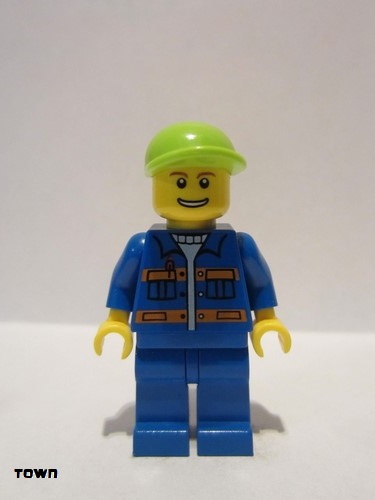 lego 2013 mini figurine cty0388 Citizen Blue Jacket with Pockets and Orange Stripes, Blue Legs, Lime Short Bill Cap, Thin Grin with Teeth 
