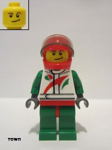 lego 2013 mini figurine cty0389 Race Car Driver White Race Suit with Octan Logo, Red Helmet with Trans-Black Visor, Crooked Smile with Black Dimple 
