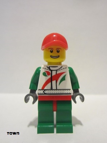 lego 2013 mini figurine cty0390 Race Car Mechanic White Race Suit with Octan Logo, Red Cap with Hole, Brown Eyebrows, Thin Grin with Teeth 