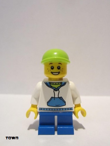 lego 2013 mini figurine cty0396 Citizen White Hoodie with Blue Pockets, Blue Short Legs, Lime Short Bill Cap 