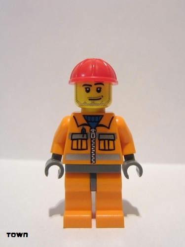 lego 2013 mini figurine cty0397 Construction Worker Orange Zipper, Safety Stripes, Orange Arms, Orange Legs, Dark Bluish Gray Hips, Red Construction Helmet, Smirk and Stubble Beard 