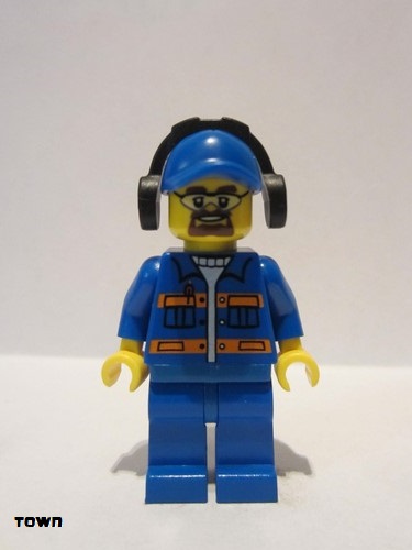lego 2013 mini figurine cty0401 Citizen Blue Jacket with Pockets and Orange Stripes, Blue Legs, Blue Cap with Hole, Headphones, Safety Goggles 