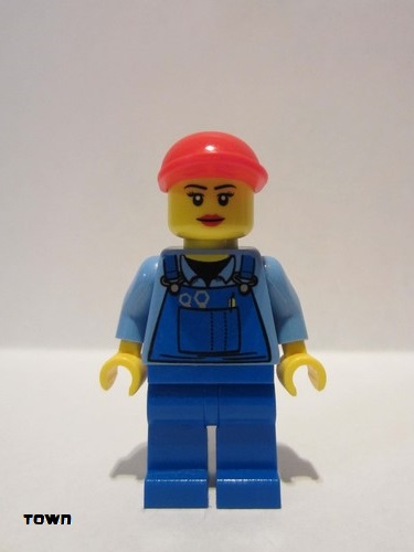 lego 2013 mini figurine cty0402 Citizen Overalls with Tools in Pocket Blue, Red Short Bill Cap, Eyelashes and Red Lips 