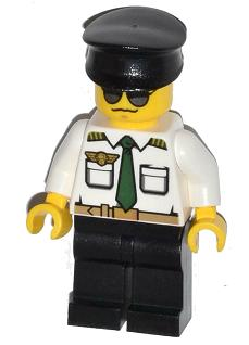lego 2013 mini figurine cty0403 Airport - Pilot White Shirt with Dark Green Tie and Belt, Black Legs, Black Hat 