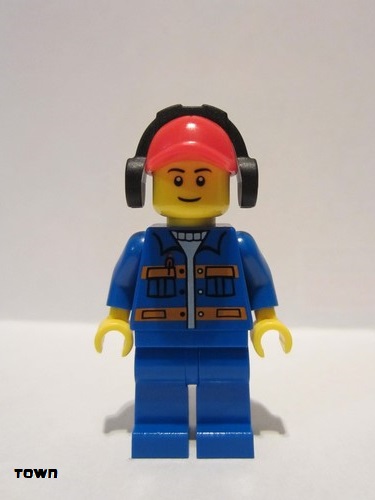lego 2013 mini figurine cty0420 Citizen Blue Jacket with Pockets and Orange Stripes, Blue Legs, Red Cap with Hole, Headphones 